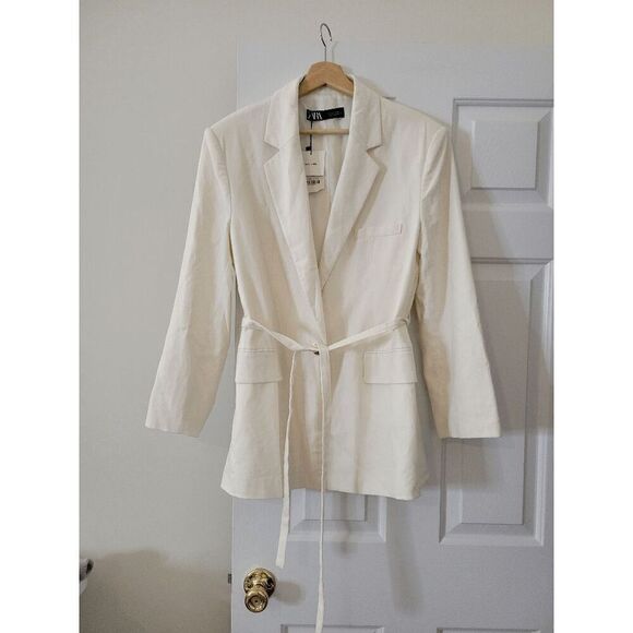 ZARA Linen Belted Jacket in cream L NWT - Picture 2 of 9